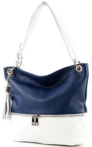 modamoda de - T143 - ital. Leder Schultertasche Umhängetasche, Farbe:Saphirblau/Weiß