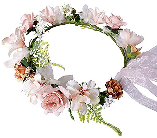 Floral Crown Headband Adjustable Rose Hair Wreath Boho Bridal Garland Crown Headpiece with Ribbon for Wedding Ceremony Party Festival