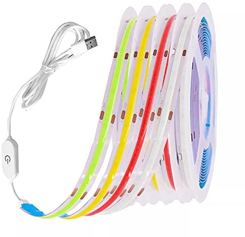 DUVERT LED Tira COB Flexible de alta densidad con interruptor táctil, USB 5 V, 320 leds, luz lineal regulable, cinta led con adesivo para decoración de hogar (0,5 m, blanco cálido)