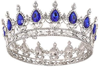 Blue Full Round Tiara Bridal Crown Women Princess Crystal Carnival Headdress Fancy Dress Cake Topper Present for Queen Costume Wedding Prom Birthday Pageant Party Hair Accessories