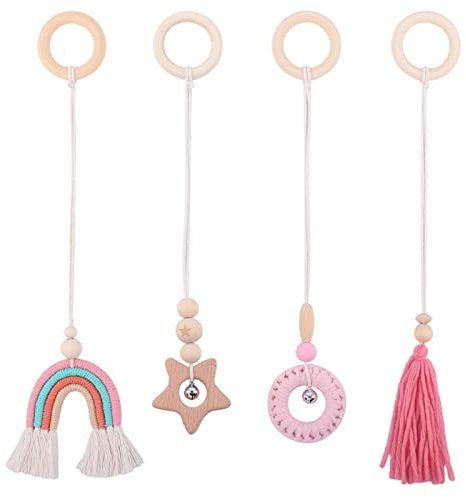 EXQULEG 4 Stück Anhänger Spielzeuge Set für Baby, Regenbogen Sterne und Glocken Holz Baby Anhänger Rasseln Baby Aktivität Gym Hängen Kinderwagen Spielzeug (Rosa)