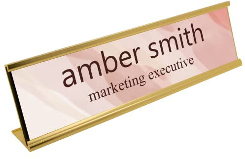 Pink Aesthetic Print with Dark Brown Text Desk Plaque Name and Job Title Modern Stylish Desk Accessories
