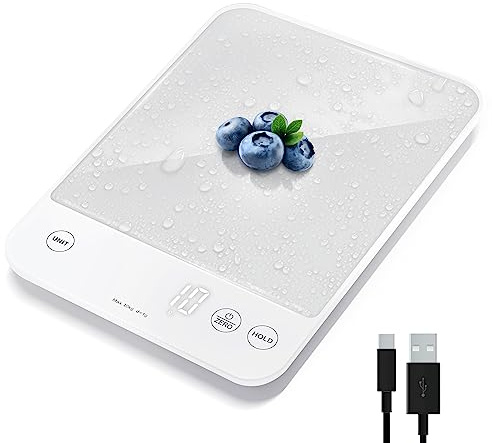 Etekcity Luminary - Báscula de cocina digital de 10 kg para impermeabilización IPX6, recargable, onzas y gramos para pérdida de peso, cocina, pastelería, color blanco plateado