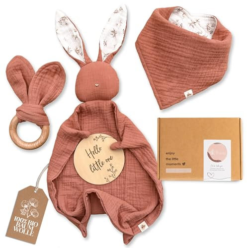 Mikito Baby Geschenk Set für Junge & Mädchen - Musselin Schnuffeltuch, Beißring, Lätzchen, Baby Holzschild - Zur Geburt