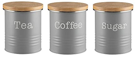 EHC Tea Sugar Coffee Canisters, Set of 3 Tea Sugar Coffee Containers Set, Storage Jars With lids Airtight, Grey