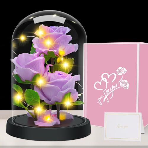 Regalo Mamma, Regalo di la Festa Della Mamma per Mamma Nonna, Fiore Rosa Regalo per Lei - 3 Rose di Seta Viola con Luce a LED in una Cupola di Vetro per Compleanno, Anniversario,Fiore Rosa Regalo