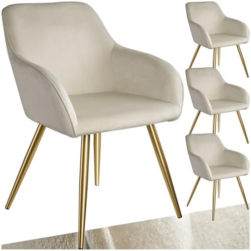 TecTake® Set of 4 Dining Chairs in Velvet Look with Gold Steel Legs, Thickly Padded Armchairs, Ergonomic Design & Easy Assembly - Ideal as Dining, Living Room, Bedroom & Desk Chairs - Cream/Gold