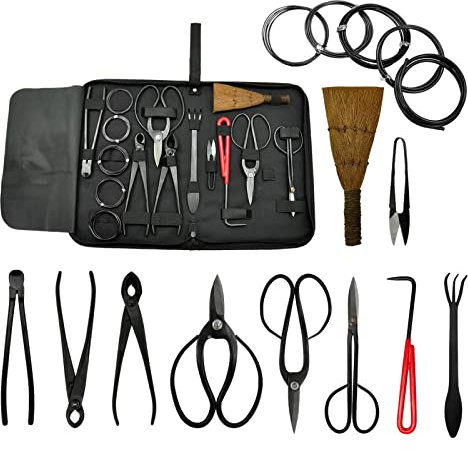 Voilamart Juego de herramientas de bonsái de 11 piezas de acero al carbono para jardinería con 4 tijeras de corte de tijeras bonsái, 3 alicates, 1 escoba, 5 cables de aluminio en bolsa de nailon