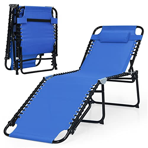 GIANTEX Sonnenliege klappbar Gartenliege, Campingliege Strandliege Verstellbarer Rückenlehne, Liegestuhl Liegesessel mit Kopfstütze, Liege Reiseliege bis 120 kg belastbar, Relaxliege Strand (Blau)