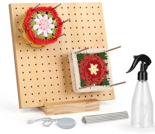 Katech Sperrbrett Für Granny Square, 20cm/7,8Zoll Handcrafted Wooden Blockierbrett zum Granny Squares Häkeln, Crochet Blocking Board Häkeln, Häkelbret Mit 20 Stabstiften, 1 Sprühflasche, 1 Maßband