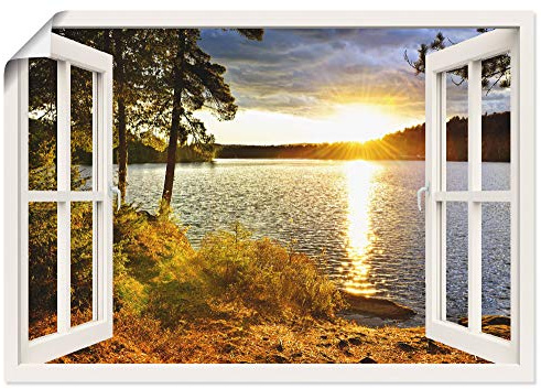 ARTLAND Wanddeko Poster & Kunstdrucke Wandposter 130x90 cm Querformat Fensterblick Fenster Landschaft Natur Wald See Sonnenuntergang Wolken K2RH