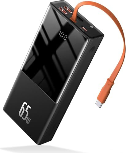 Baseus Power Bank 20000 mAh, power bank PD 65 W USB C con cavo di ricarica integrato, power bank Laptop QC 3.0 Quick Charge Batteria esterna con display a LED per iPhone MacBook Samsung Lenovo Huawei