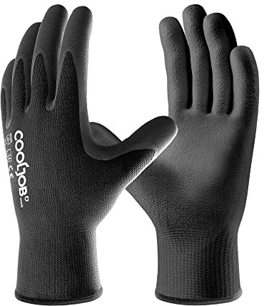 COOLJOB 12 Pairs Safety Work Gloves Pack Bulk with Grip PU Coating, 13 Gauge Seamless Knit Gloves with Polyurethane Dipped for Warehouse Working, Breathable Lightweight for Men Women, Black Large