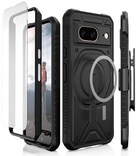 CaseBorne Compatible with Google Pixel 8 Protective Case - 5-Layer Construction, Magnetic Charging Compatible, Slim yet rugged with Tempered Glass Screen Protector Black