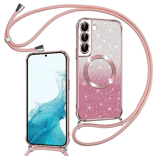 Phoona Cover Magnetica Glitter per Samsung Galaxy S22 con Cordino, Rosa | [Compatibile con MagSafe] Brillantini Sottile Lucida TPU Silicone Custodia Antiurto Laccio Tracolla Protettiva