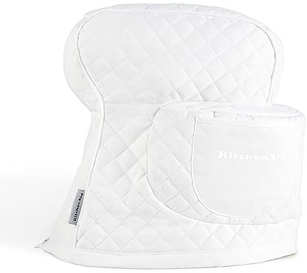 KITCHENAID Fitted Tilt-Head Solid Stand Mixer Cover with Storage Pocket, Quilted 100% Cotton, White, 14.4x18x10