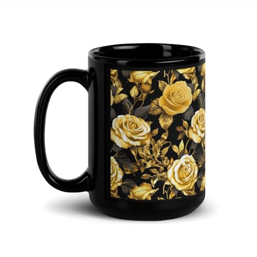 3D Black Gold Roses Glossy Mug Funny Gift