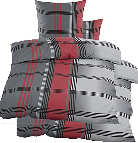 KH-Haushaltshandel 4-TLG. Biber Winter Bettwäsche 2X(135x200 + 80x80cm), rot grau, kariert, Baumwoll Mischgewebe (40138)