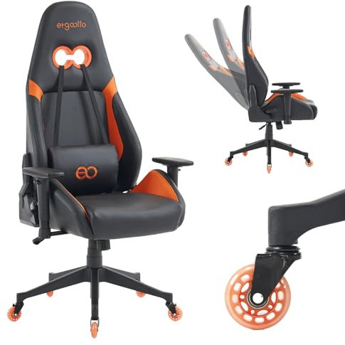 ErgoOtto, Gaming-Plattform-Stuhl, Lendenwirbelstütze mit Kissen und XL-Sitz, kratzfeste Gaming-Rollen, verstellbare und verriegelbare Rückenlehne, Kippschutz, 2D-Armlehnen, Schwarz und Orange