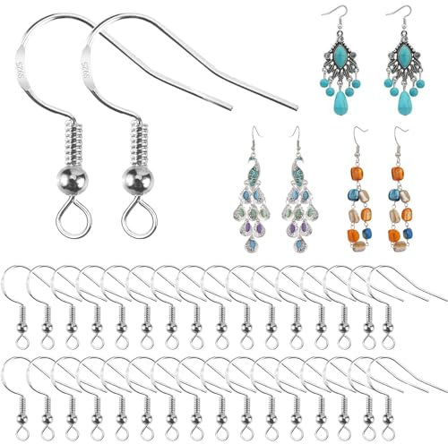 925 Silber Ohrring Haken,100 Stück Silber Ohrringe Selber Machen Set mit Kugel Spule für DIY Ohrhänger Schmuckherstellung Ohring Zubehör