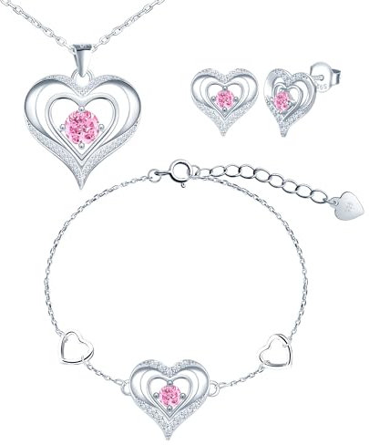 CONILOK Damen Schmuck Herz Kette Armband Ohrstecker Silber 925 Sets Zirkon Love Charms Anhänger Halskette Kleine Geschenke für Frauen Freunde Mädchen Geburtstag Weihnachtstag Valentinstag Rosa