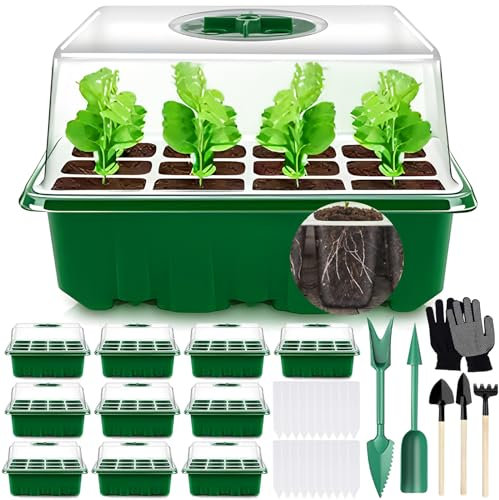 MOYKSRR 10Pcs 120 Agujeros Bandejas Semilleros de Germinacion, Bandejas Semilleros, Mini Invernadero, Plántulas Bandejas de Arranque Invernadero Bandeja de Cultivo con Domo de Humedad Ajustable