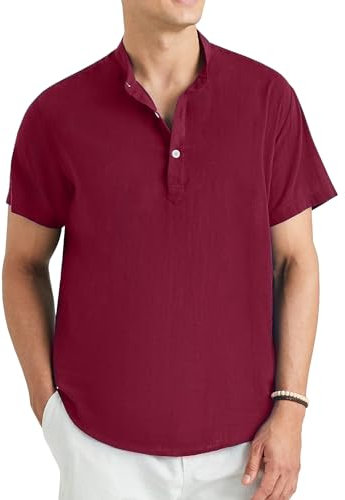 Enlision Short Sleeve Shirts Men Burgundy Cotton Linen Grandad Collar Henley Shirt Casual Collarless Button Down Summer Lightweight Shirt Tops M