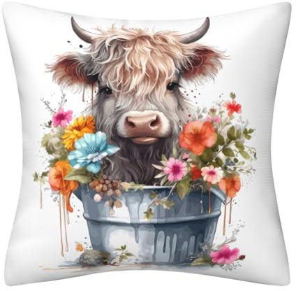 DILOXNSU Kissenbezug, Motiv: Hochlandkuh, 45 x 45 cm, Heimdekoration, niedlich, fröhliche Farbe, Baby-Hochlandkuh in Blumen, Eimerkissen für Wohnzimmer, Couch, Sofa, Dekoration, 45,7 x 45,7 cm