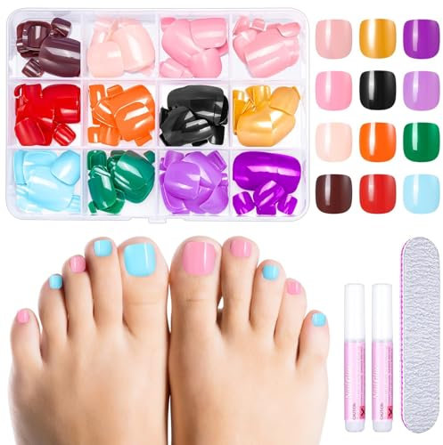 MELLIEX 288 Stück Falsche Fußnägel, 12 Farben Künstlich Fußnägel zum Aufkleben Acryl Full Cover Zehennägel Tips Kit, 12 Größen
