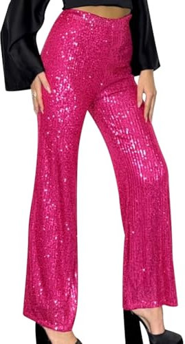 OBEEII Glitzer Hose Damen Pailettenhose Weites Bein Hose Elastische Taille Lose Fit Glitzerhosen Elegant Frauen Freizeithose Party Festival Club Mode Hosen Hot Pink L