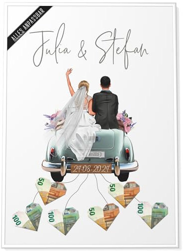Papierschmiede® Personalisiertes Geldgeschenk Hochzeit | PAAR IST ANPASSBAR | DIY Hochzeitsgeschenke für Brautpaar | A2 Poster mit Rahmen Hochzeitsauto Geld Geschenk Bild „Old Car“