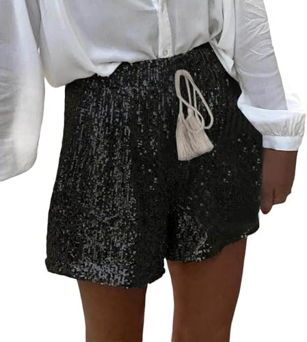KBOPLEMQ Damen Pailletten Short Glitzer Party Shorts Silber Short mit Pailletten Einfarbige Party Shorts Freizeitshort für Nacht Club Festivals Outfits Baggy Glänzend Kurz Hose