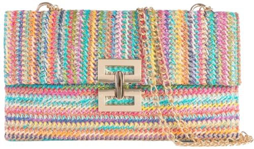 Tellrain Straw Clutch Purses Women Summer Beach Handbags Boho Woven Envelope Wallet Fold Over Chain Crossbody Shoulder Bag Evening Bag, Multicolor With Chain, Clutch-handbags