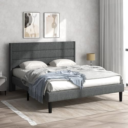 Skcess Polsterbett 140 X 200 cm, Bettgestell Mit Lattenrost & Kopfteil, Gepolstertes Doppelbett, Textilbezug Leinen In Dunkelgrau, Jugendbett