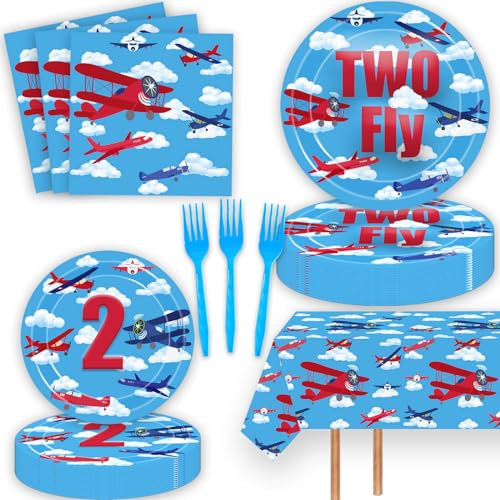 51 Pcs Airplane 2nd Birthday Party Supplies Two Fly Disposable Table Cloth Paper Dinner Plates Napkins Forks Dinnerware for Aviation Theme Boys 2nd Birthday Party Decorations Supplies