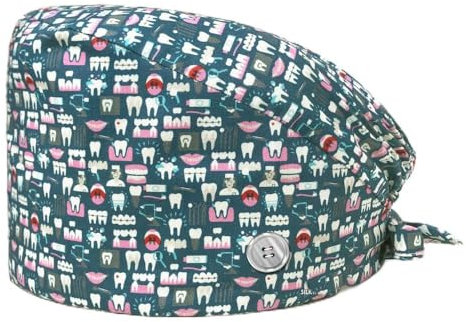 SMTSEC 2 Stück Zähne Bedruckte Scrubs Mütze mit Knöpfen Verstellbare Baumwoll Scrub Cap Bouffant Mütze Frauen Scrubs Hüte Unisex Stillkopfbedeckung,D,Einheitsgröße