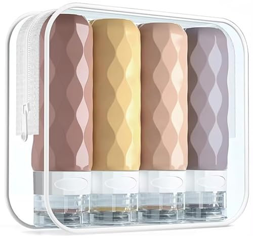 Silicone Travel Bottles for Toiletries with Clear Bag- 4 Pack Holiday Essentials Travel Bottles for Toiletries- Refillable Shampoo and Conditioner Bottle-Leakproof, Squeezy Travel Accessories (Rose)