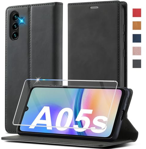 Handyhülle für Samsung Galaxy A05S Hülle Leder [Mit A05S Schutzfolie] für Samsung Galaxy A05s Hülle Klappbar Leder Flip Wallet 360 Stoßfeste Case Schutzhülle Klapphülle für Samsung A05S Holster