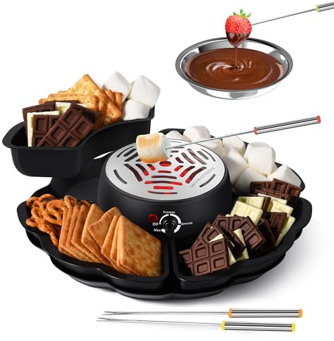 2-in-1 Set Smores Maker & Fondue Indoor Placemat Smores Kit, Marshmallow Toaster with Temperature Control, 4 Removable Trays and 4 Forks and 1 Heated Bowl