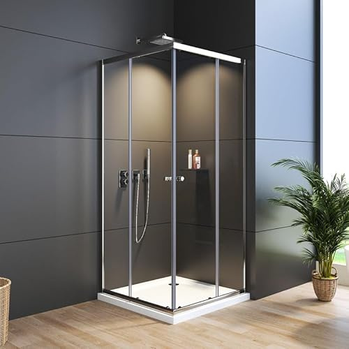 WDWRITTI Duschkabine Eckeinstieg Schiebetür 80x90x185cm, Glas Duschabtrennung Schiebetüren Echtglas Duschtür aus 6mm Nano Glas, Eckeinstieg Duschwand Eckdusche Höhe 185cm