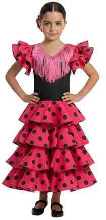 AMARU SANCHESU Vestido de niña para danza flamenco o sevillanas (FR/ES, Edad, 2 años, Regular, Fucsia Topo Negro)