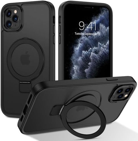 DUEDUE Matt Magnet Hülle für iPhone 11 Pro Max 6,5 | Mit Verstecktem Ständer | MagSafe Kompatibel & Stoßfest (Schwarz)