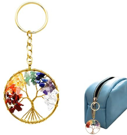 OUDQFCJ Arbre de Vie Porte Clef, Belle Ronde 7 Chakra Guérir Cristal Arbre de Vie Porte Clé Personnalisé Pierres Précieuses Pendentif Porte Clef Femme Chic pour Couple Amoureux Mère