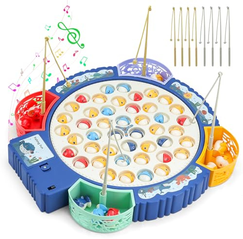 Qingning Angelspiel Fische Angeln Spiele Spielzeug mit 8 Angelruten | 55 Fischen, Spinnendes Angelspielzeug mit Musik Kinder, Kinderspielzeug ab 2-6 Jahren Spielzeug Geschenk für Mädchen Junge