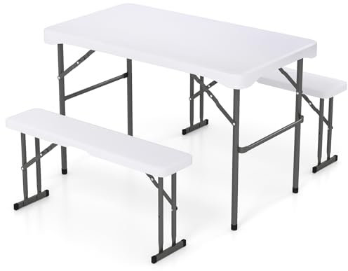 FANTASK Bierzeltgarnitur klappbar, 3-teilige Biertischgarnitur, kleine Bierbankgarnitur, 108cm Festzeltgarnitur, Weiß