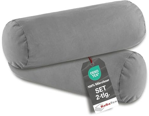 BaSaTex Bio Kissenbezüge für Nackenrolle 40x15 cm im 2er Pack - 97% GOTS-Zertifizierte Baumwolle + 3% Elasthan - Farbe: Anthrazit