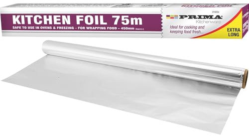 Aluminium Kitchen Catering Foil Roll - 75m x 450mm | Safe to Use in Ovens & Freezer | for Wrapping Food Silver Fresh Kitchenware Restaurants | Tin Foil for Cooking, BBQ, Roasting - Single Roll