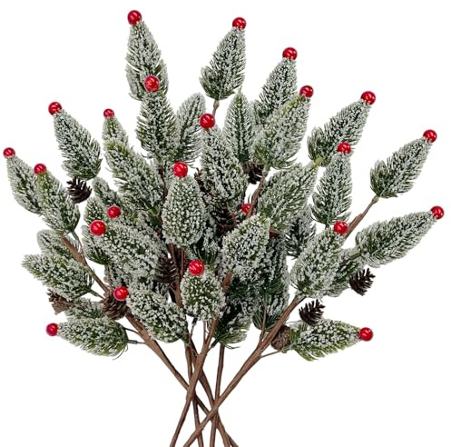 SNAIL GARDEN 6-teiliges Set Bereifte Norfolk Kiefern Zweige mit Mini-Weihnachtsbaum-Nadeln, 40cm Norfolk Kiefern Äste mit Tannenzapfen & Rote Beeren, Weihnachtsstiele für Vasen, DIY Kranz