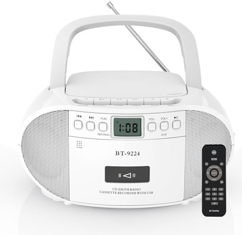 Boombox portatile multifunzione con Bluetooth, radio AM/FM, lettore CD e cassette, riproduzione USB, telecomando, alimentazione a batteria CA/per uso domestico ed esterno