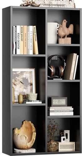 iSunirm Bücherschrank, Bücherregal, mit 7 Fächern, Büroregal, Würfelregal, Standregal, für Wohnzimmer, Schlafzimmer, Büro, Kinderzimmer, Schwarz